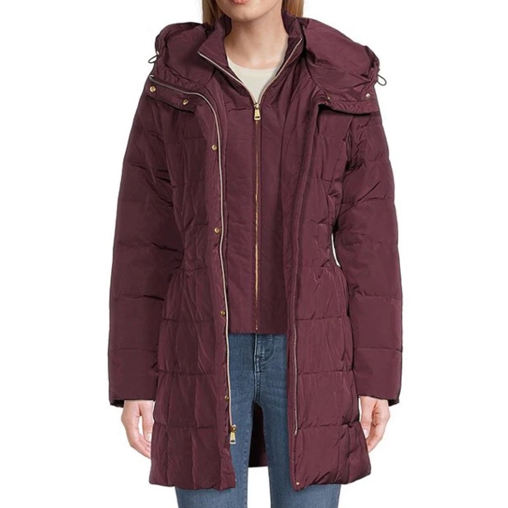 Cole Haan Burgundy Hooded Single Breasted Down Puffer Coat Jacket Size S